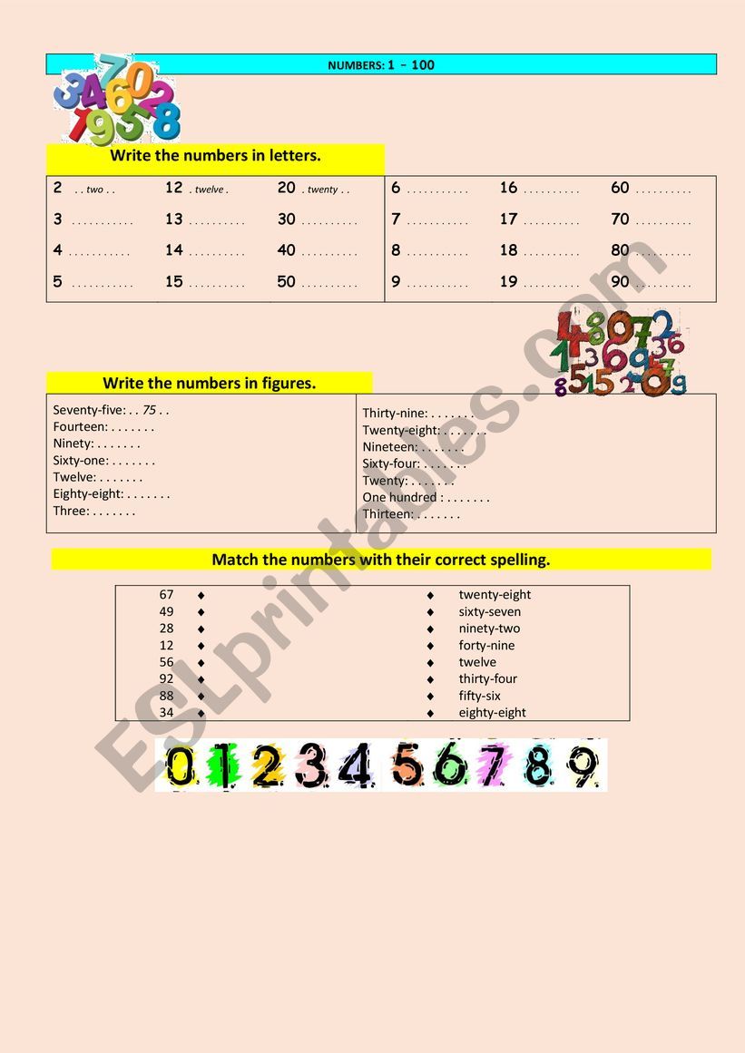 Numbers 1 to a hundred worksheet