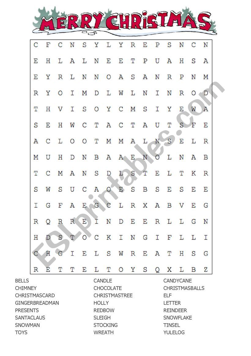 Christmas wordsearch worksheet