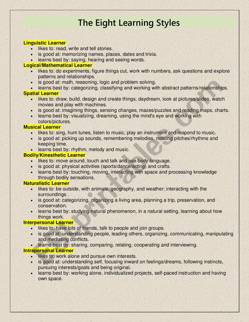 Learning Styles worksheet