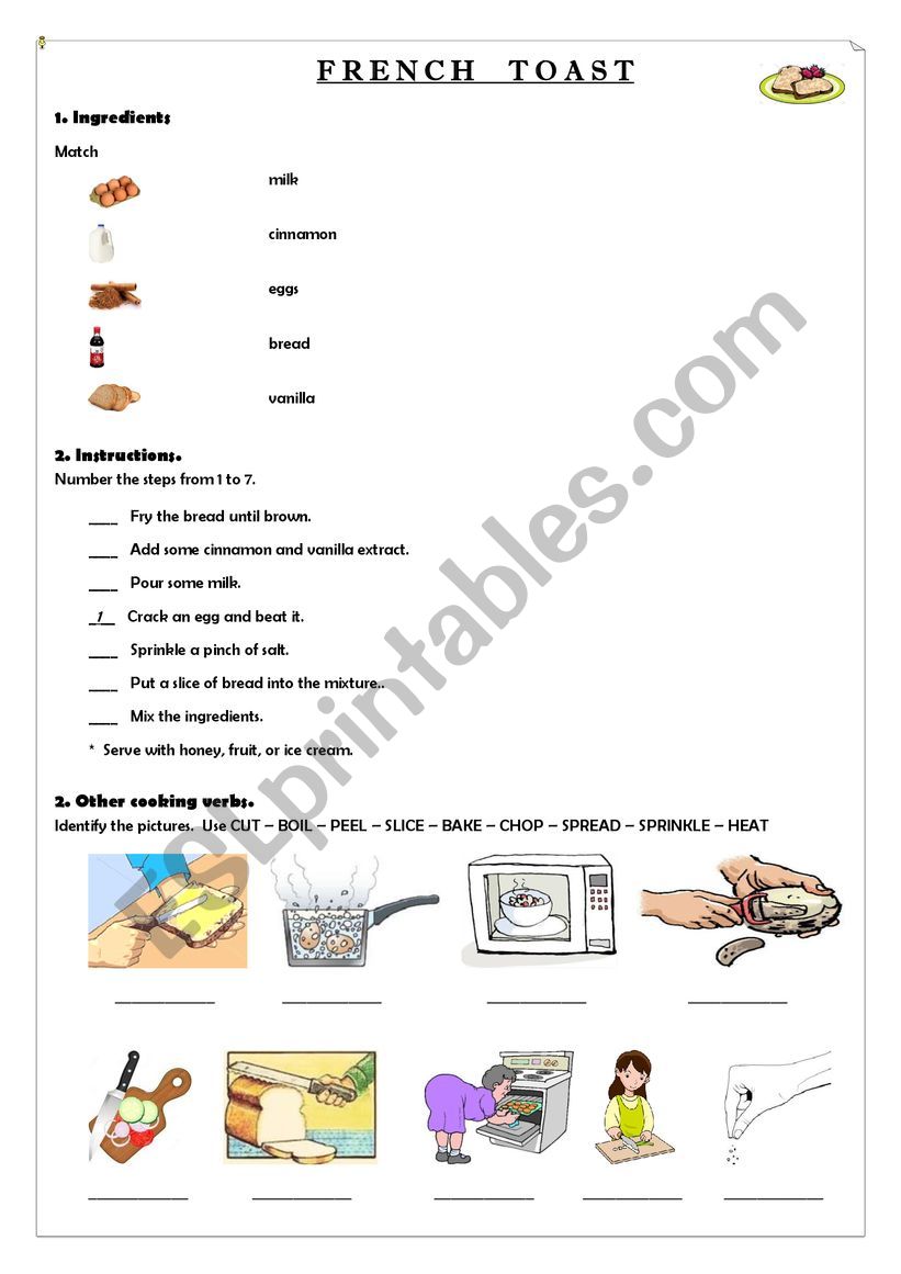 French Toast - Cooking verbs worksheet
