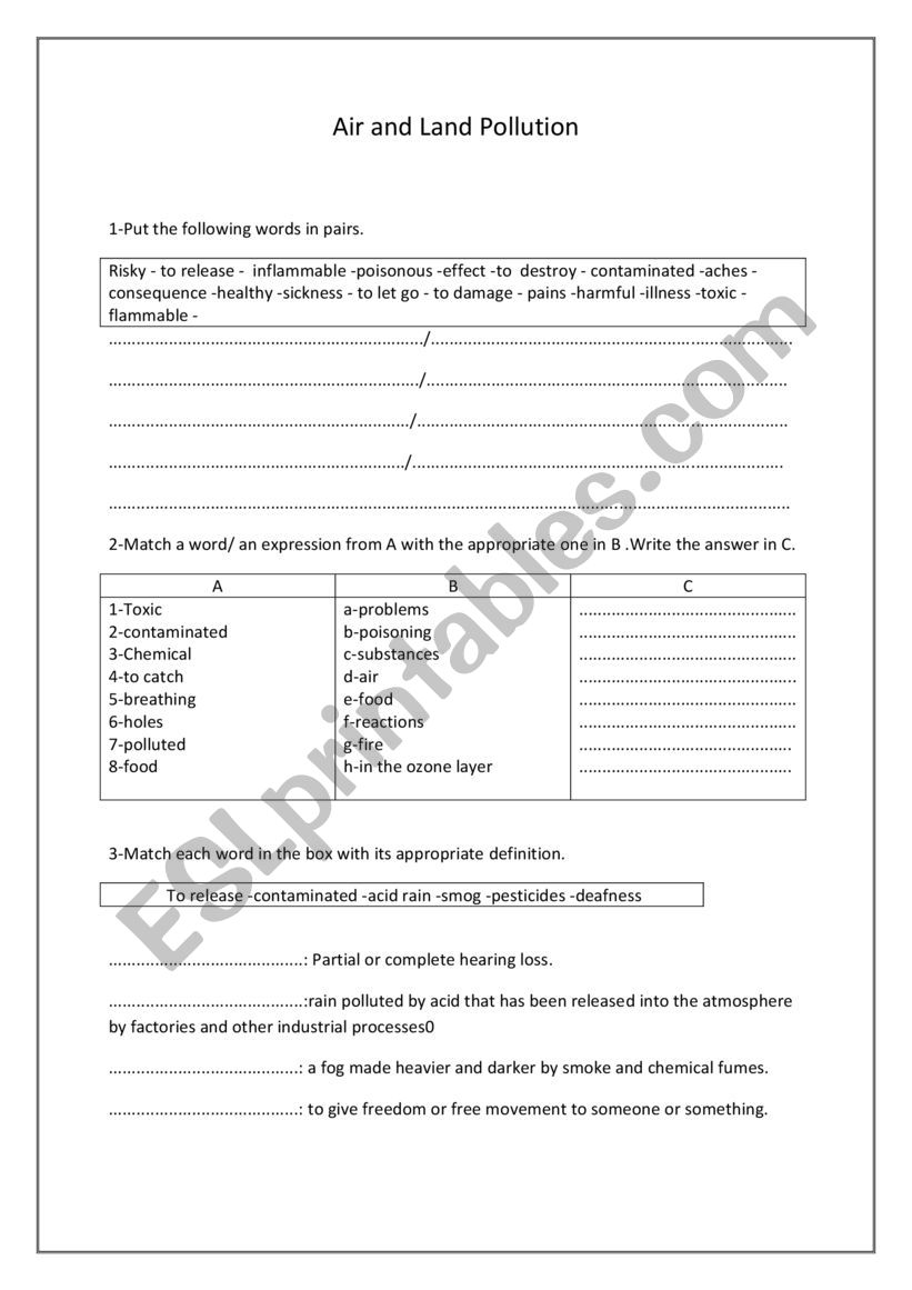Air and Land Pollution worksheet