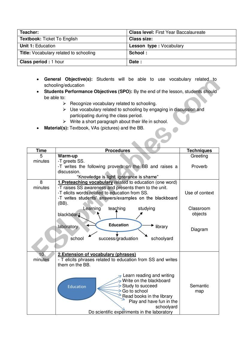 Vocabulary related to schooling lesson plan 