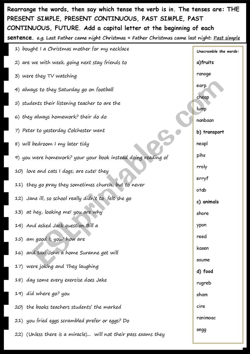 Unscrambke the sentences worksheet