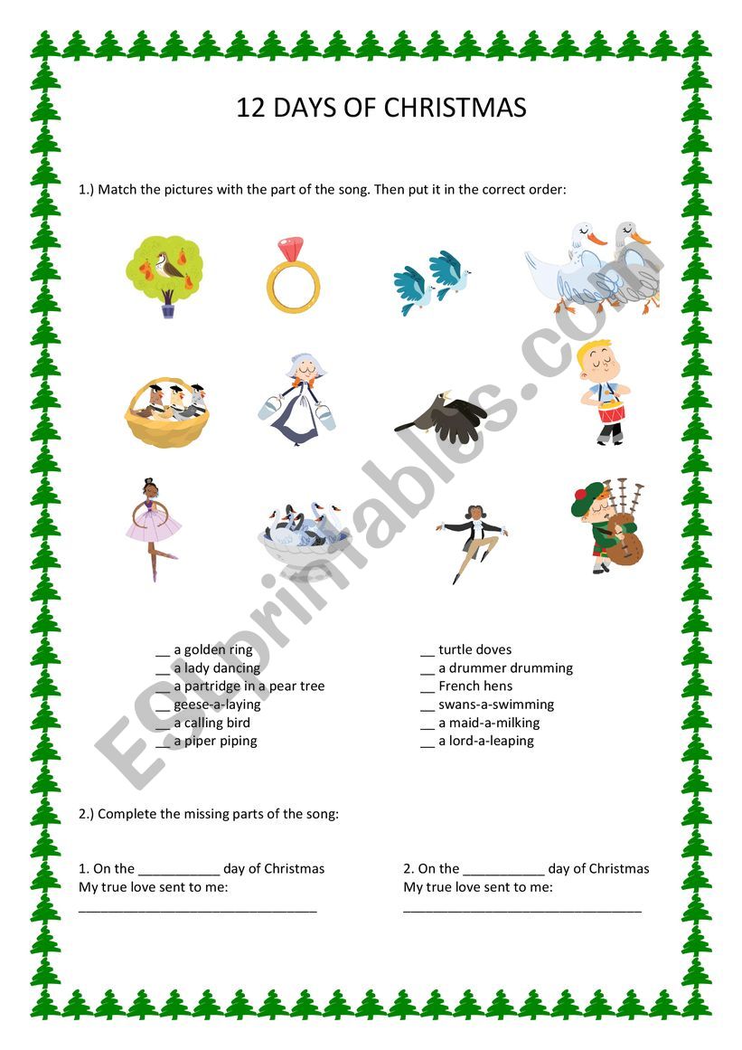 Twelve days of Christmas - worksheet - ESL worksheet by mtrinki