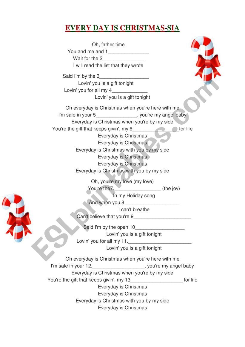 Sia Every day is Christmas worksheet