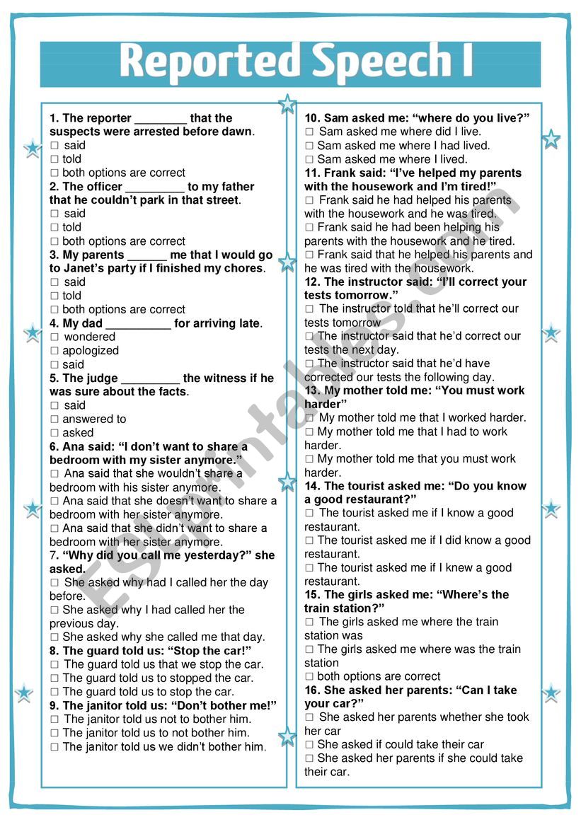 reported speech exercises multiple choice with answers