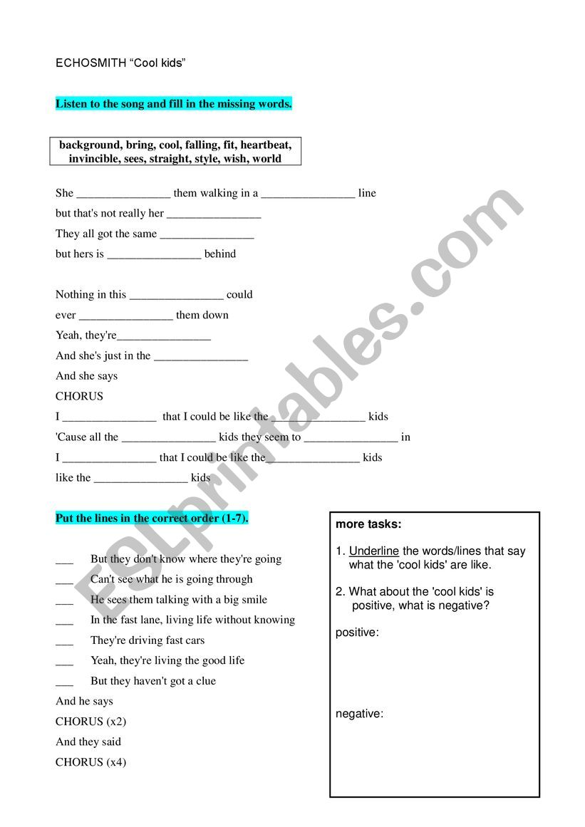 song Cool kids/Echosmith worksheet