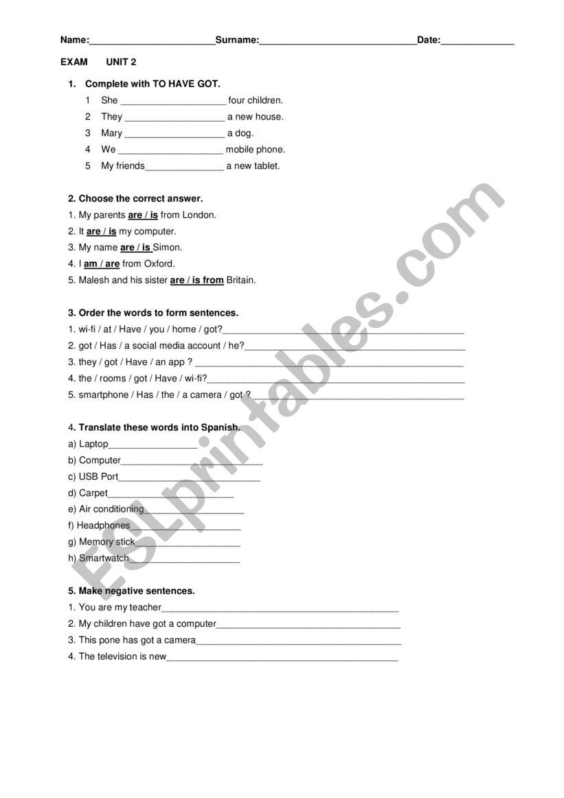 Exam Unit 2 - Basic English worksheet