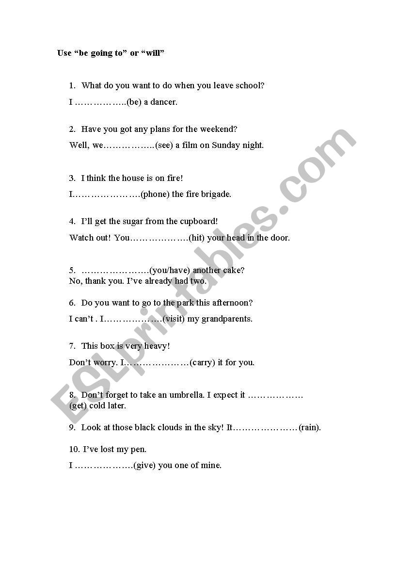 Going to & will worksheet