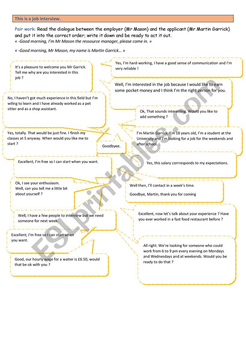 job interview conversation worksheet