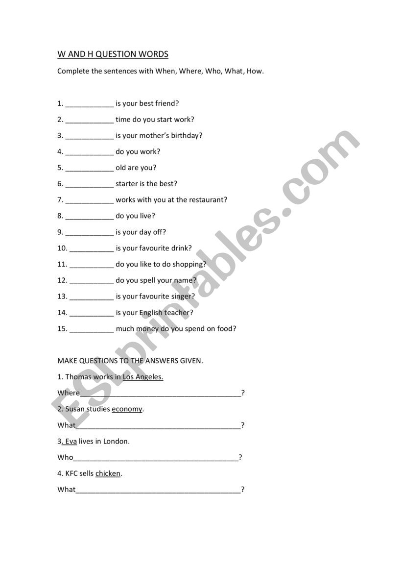 W and H questions worksheet