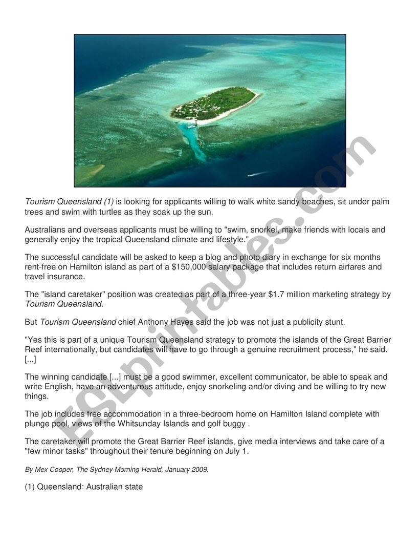 Island Caretaker Wanted worksheet