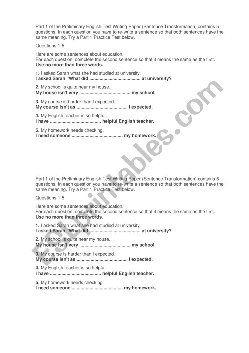 PET sentence transformation worksheet