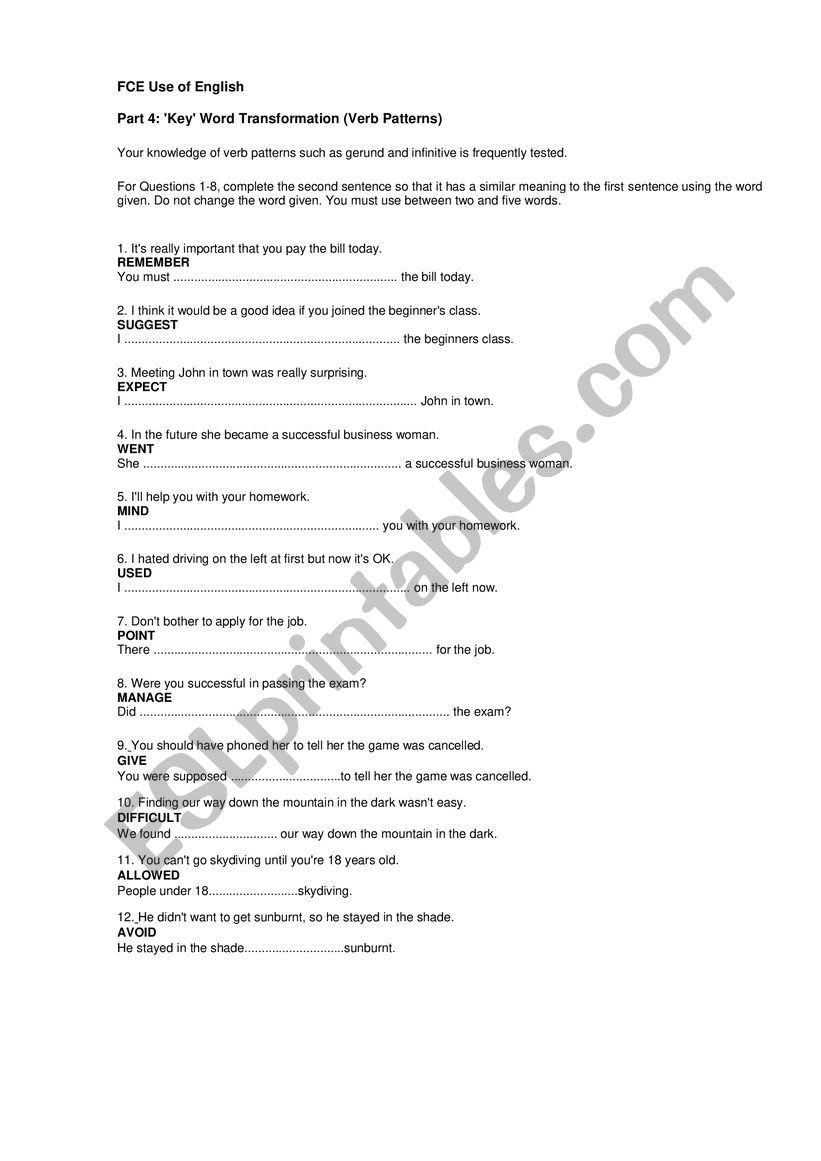 FCE Key word transformations worksheet