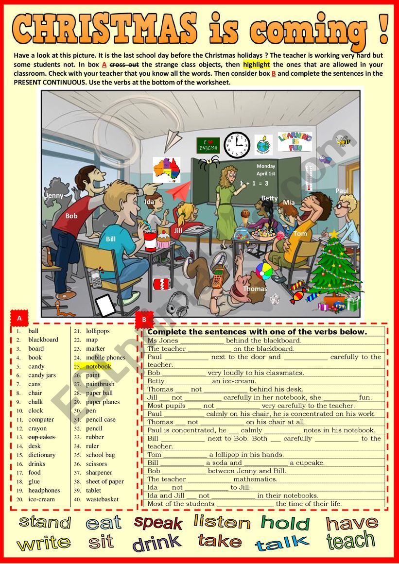 CHRISTMAS is coming. School Vocabulary and Present Continuous revision.