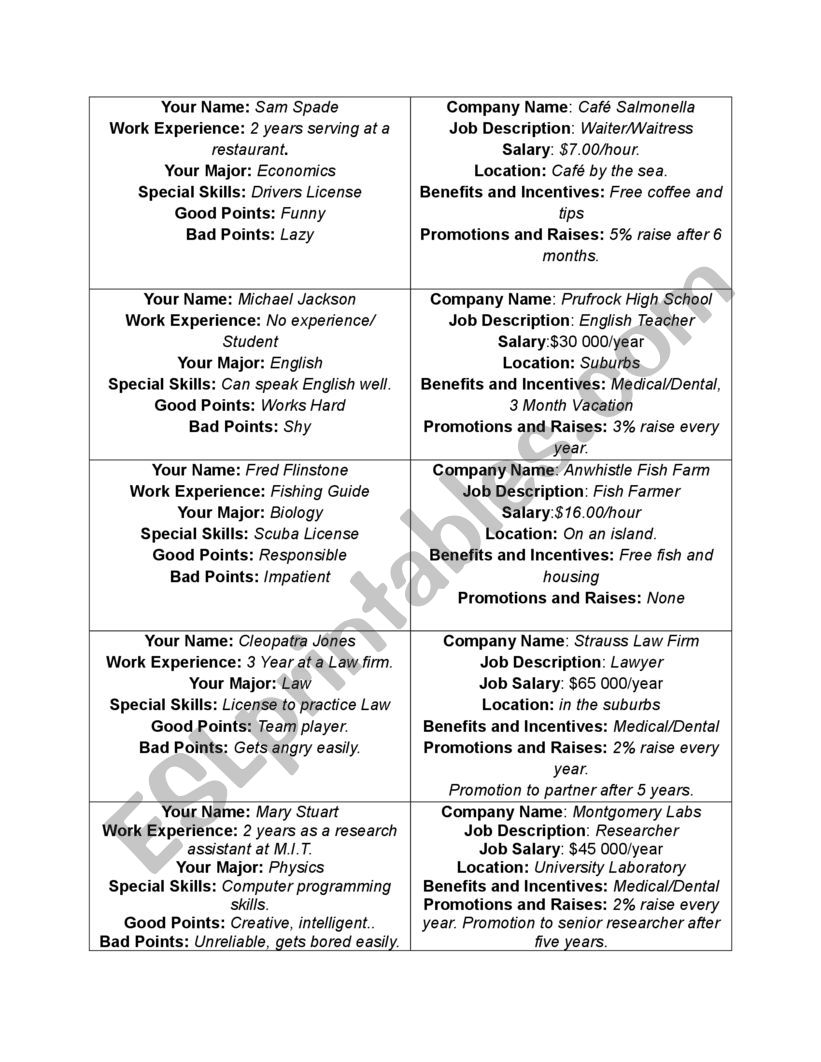 job interview cards worksheet