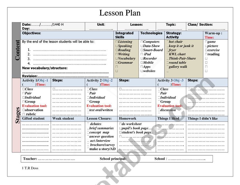 teacher lesson plan worksheet