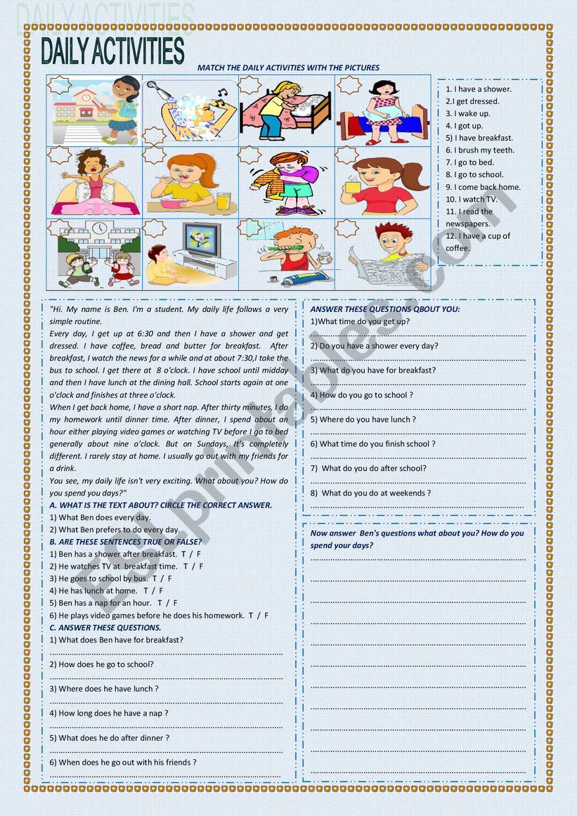 DAILY ACTIVITIES worksheet