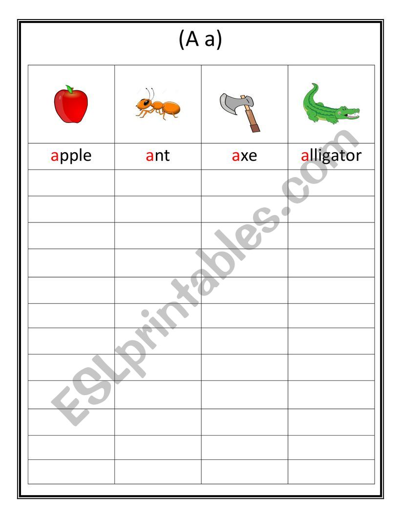 letter a words worksheet