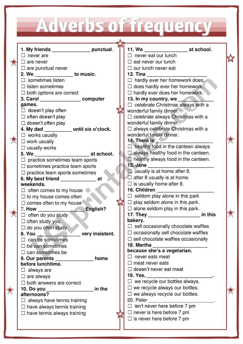 Adverbs of frequency - multiple choice