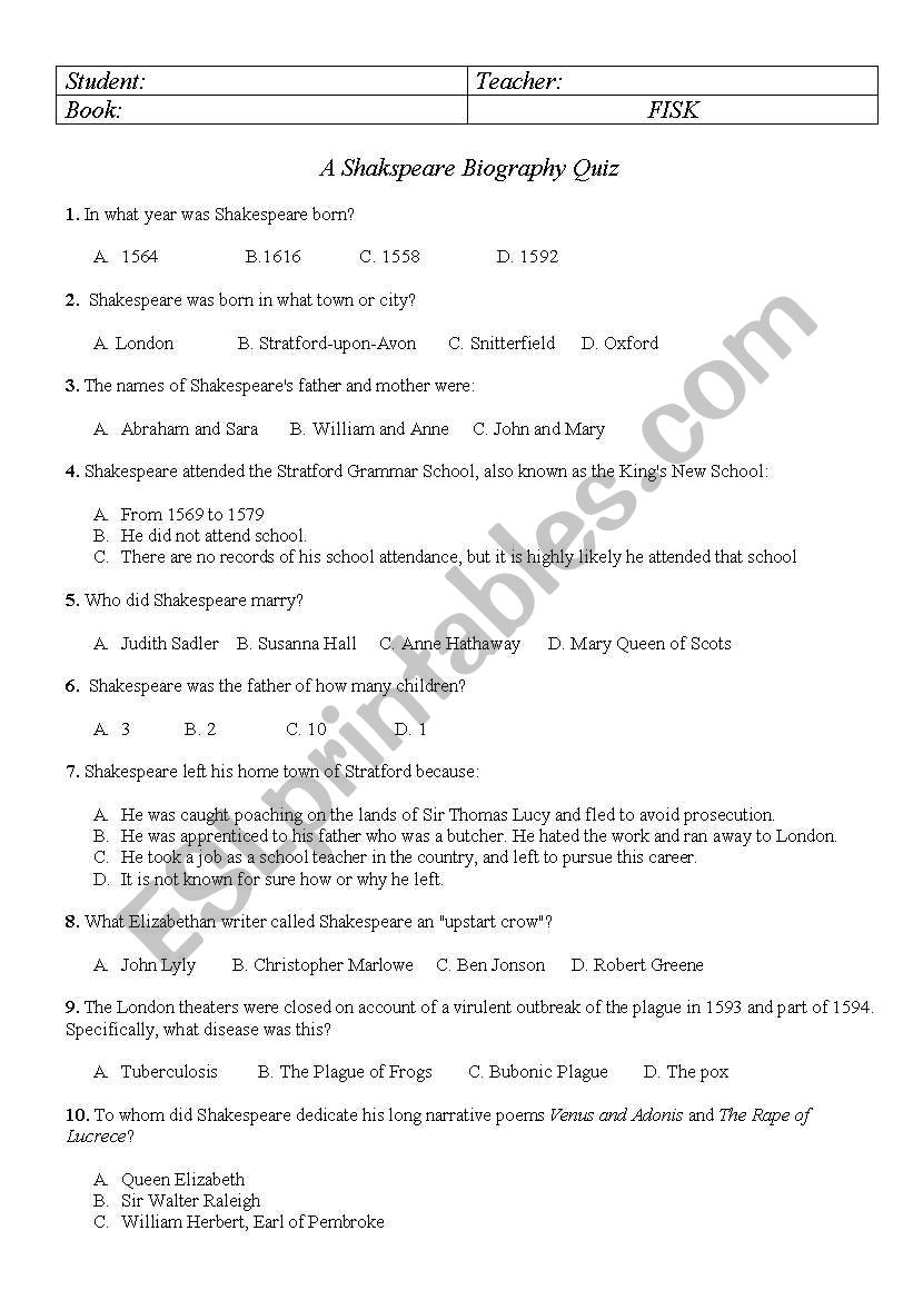 Shakspeare worksheet