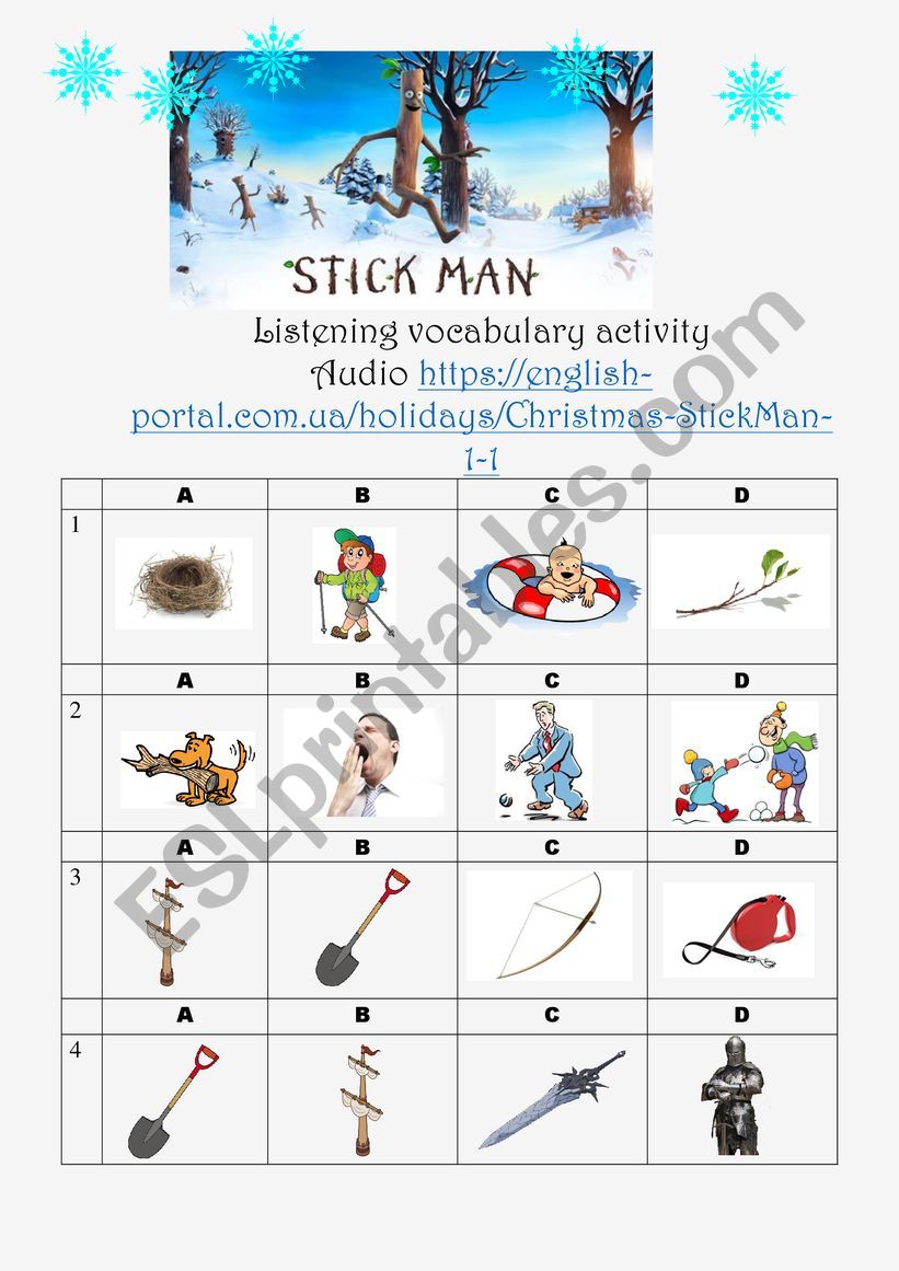 Stick Man. Listening vocabulary activity. 