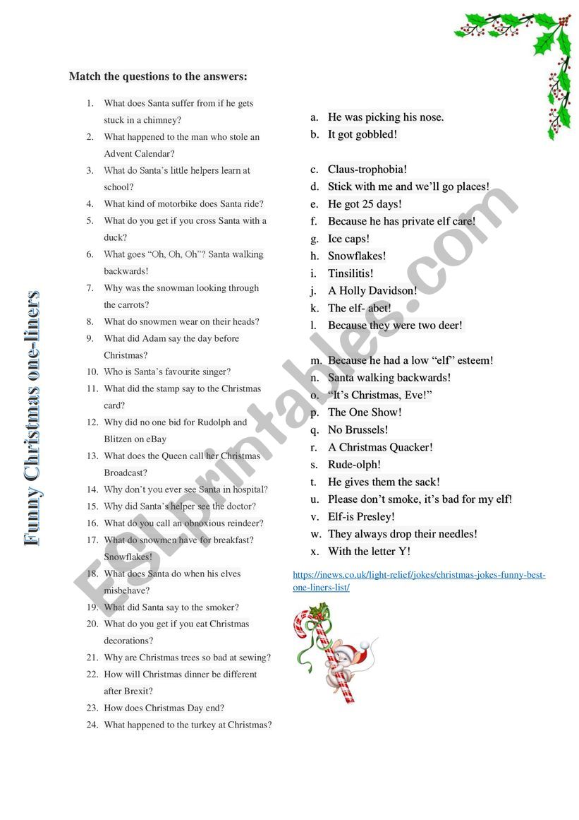  Funny Christmas one-liners worksheet