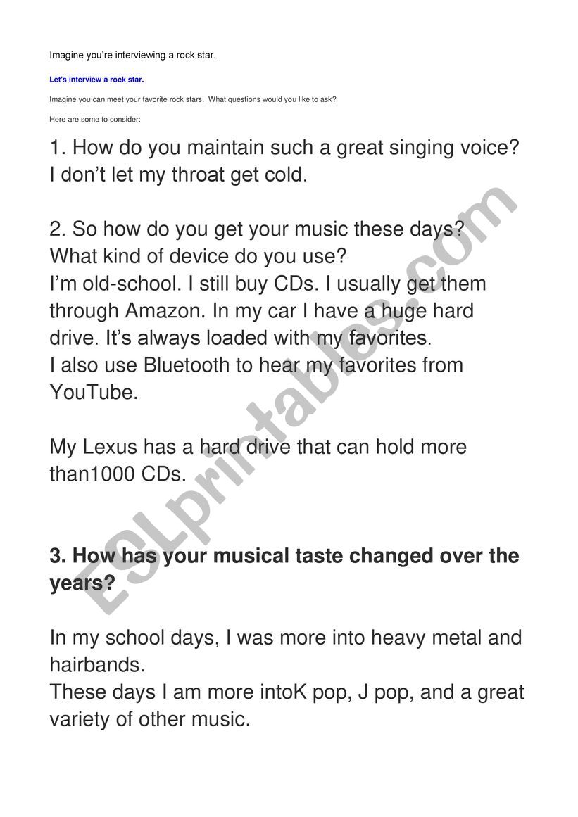 Lets interview a rock star. worksheet