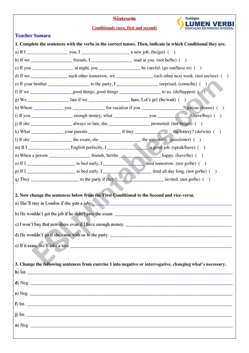 Conditionals 1, 2 and 3 worksheet