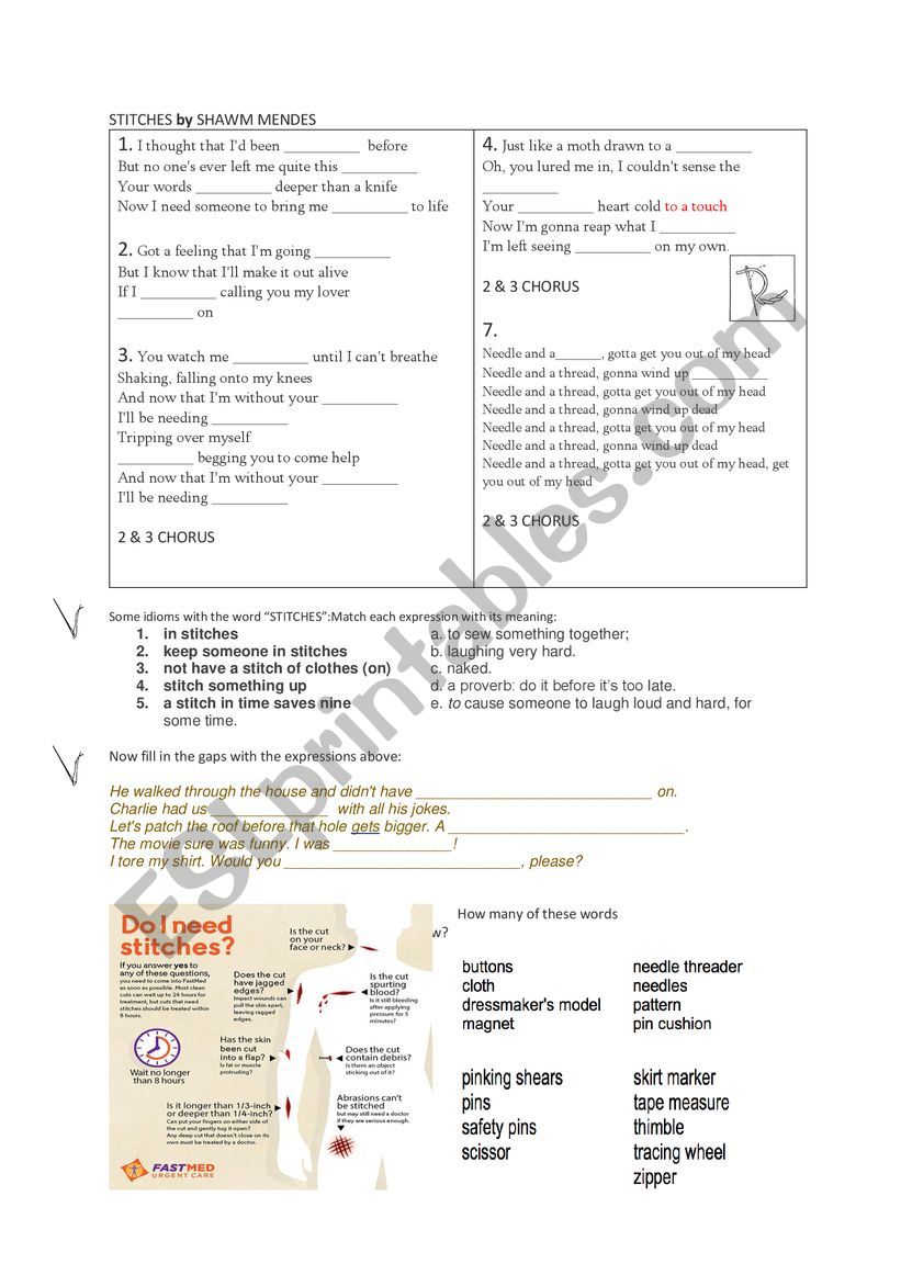 Stitches song worksheet worksheet