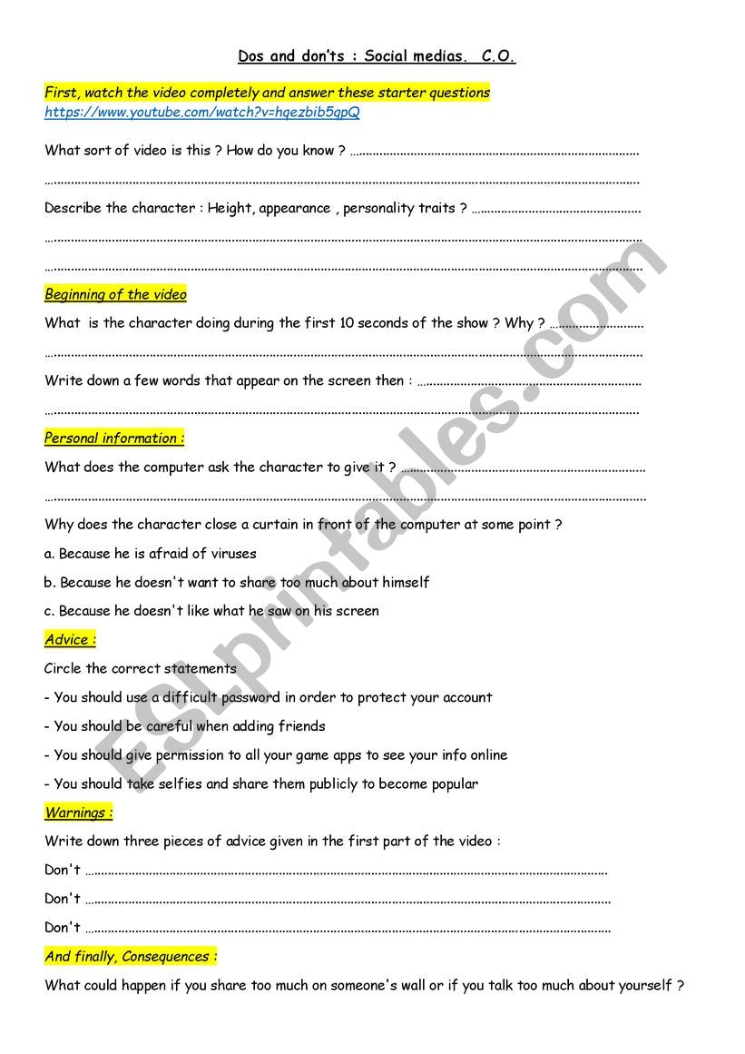 Social media dos and donts worksheet