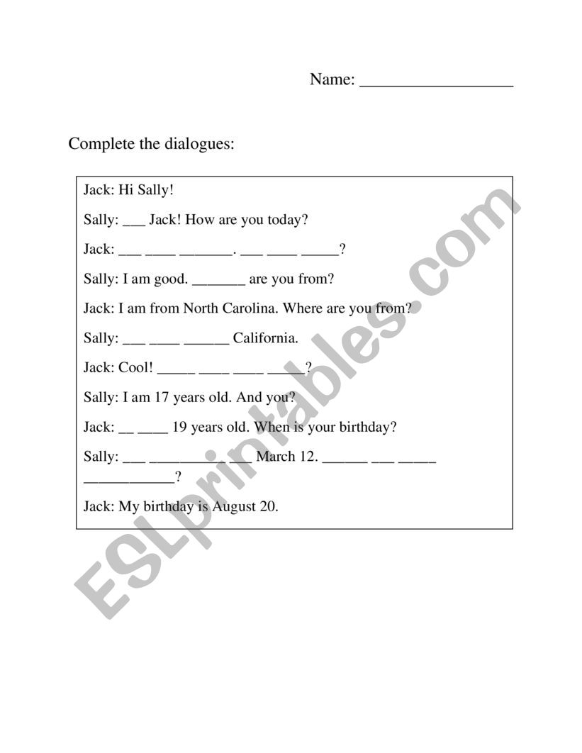 Dialogue Fill-In worksheet