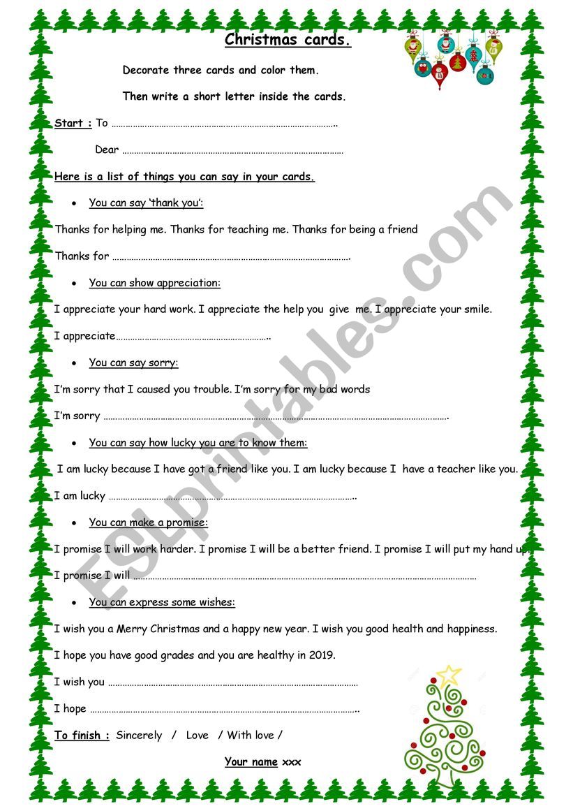 Christmas cards worksheet