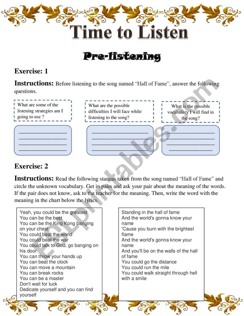 song activity( hall of fame) worksheet