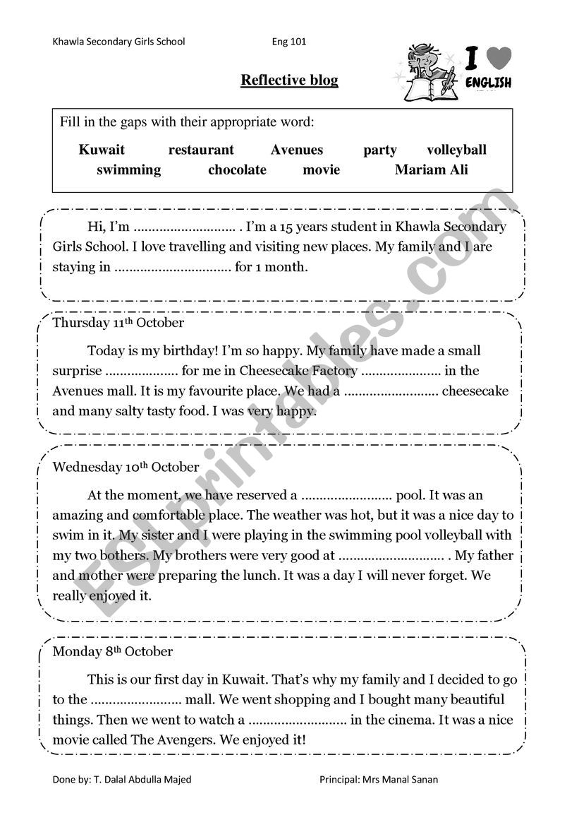 Reflective Blog worksheet