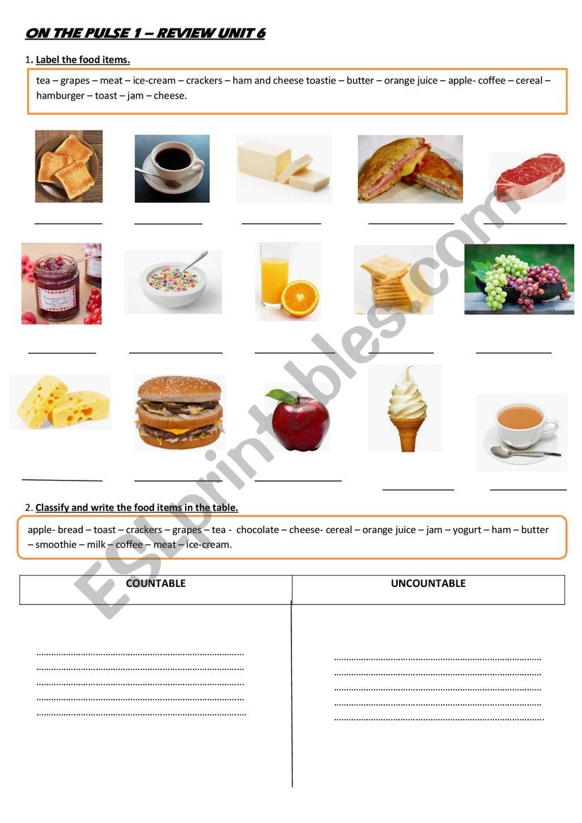 review  food vocabulary,  contable uncountable nouns, how much/how many, must/mustnt. (UNIT 6 - ON THE PULSE 1)