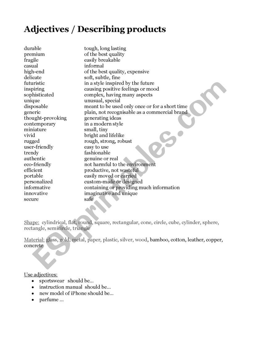 Adjectives - Describing products