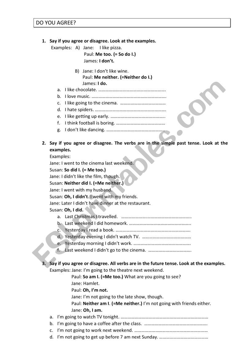 Agreeing and disagreeing worksheet