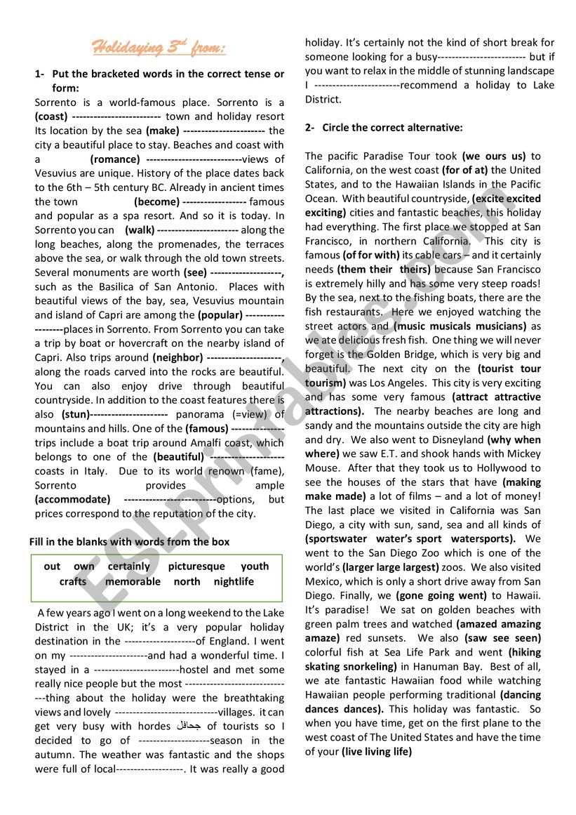 holidaying 3rd form worksheet