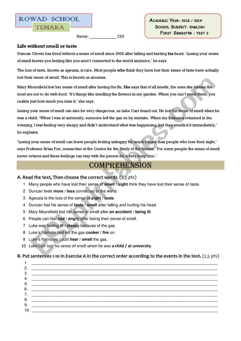 Life without taste or smell worksheet