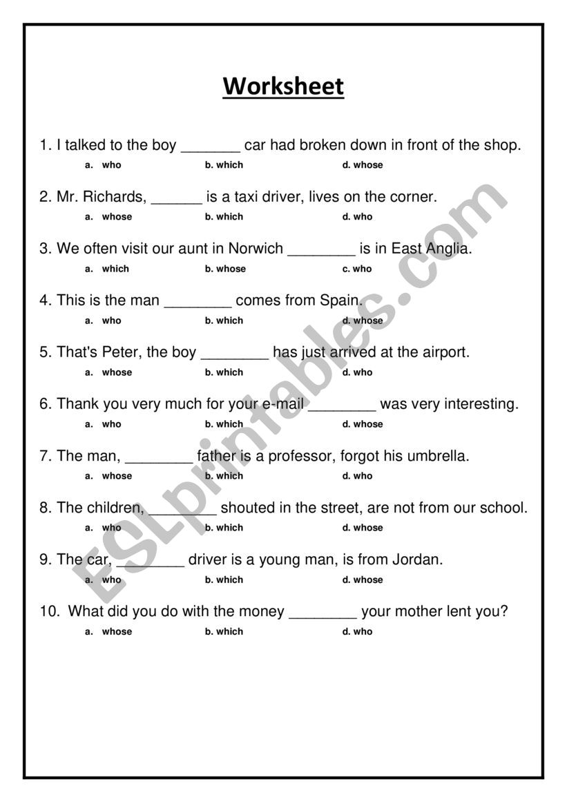 Relative pronouns worksheet