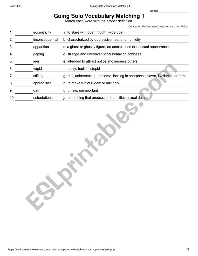 Going Solo Vocabulary Matching 1