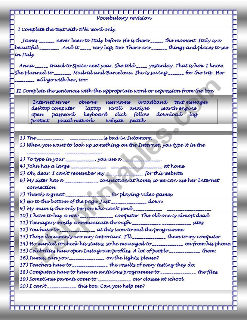 Revision of vocabulary worksheet