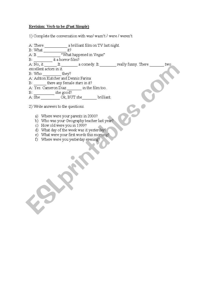 Past Simple verb to be worksheet