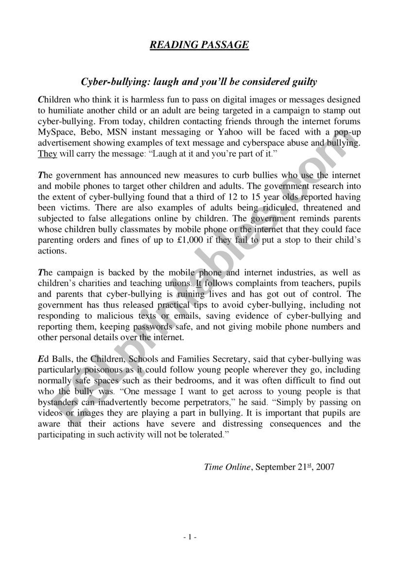 Cyberbullying reading comprehension Cyberbullying reading comprehension