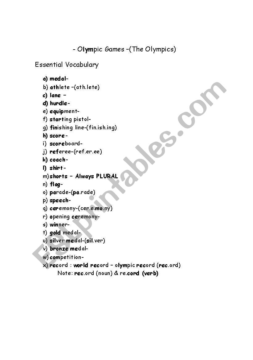 The Olympic Games Handout worksheet