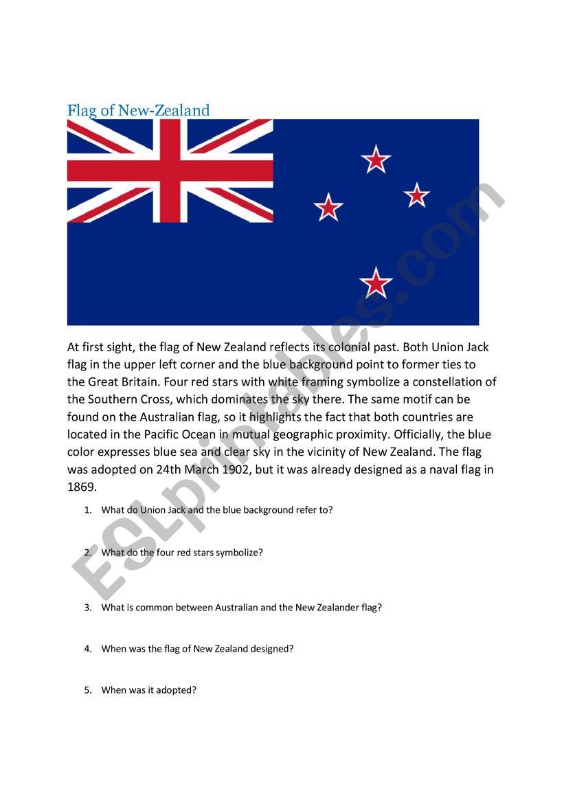 The flag of New Zealand worksheet