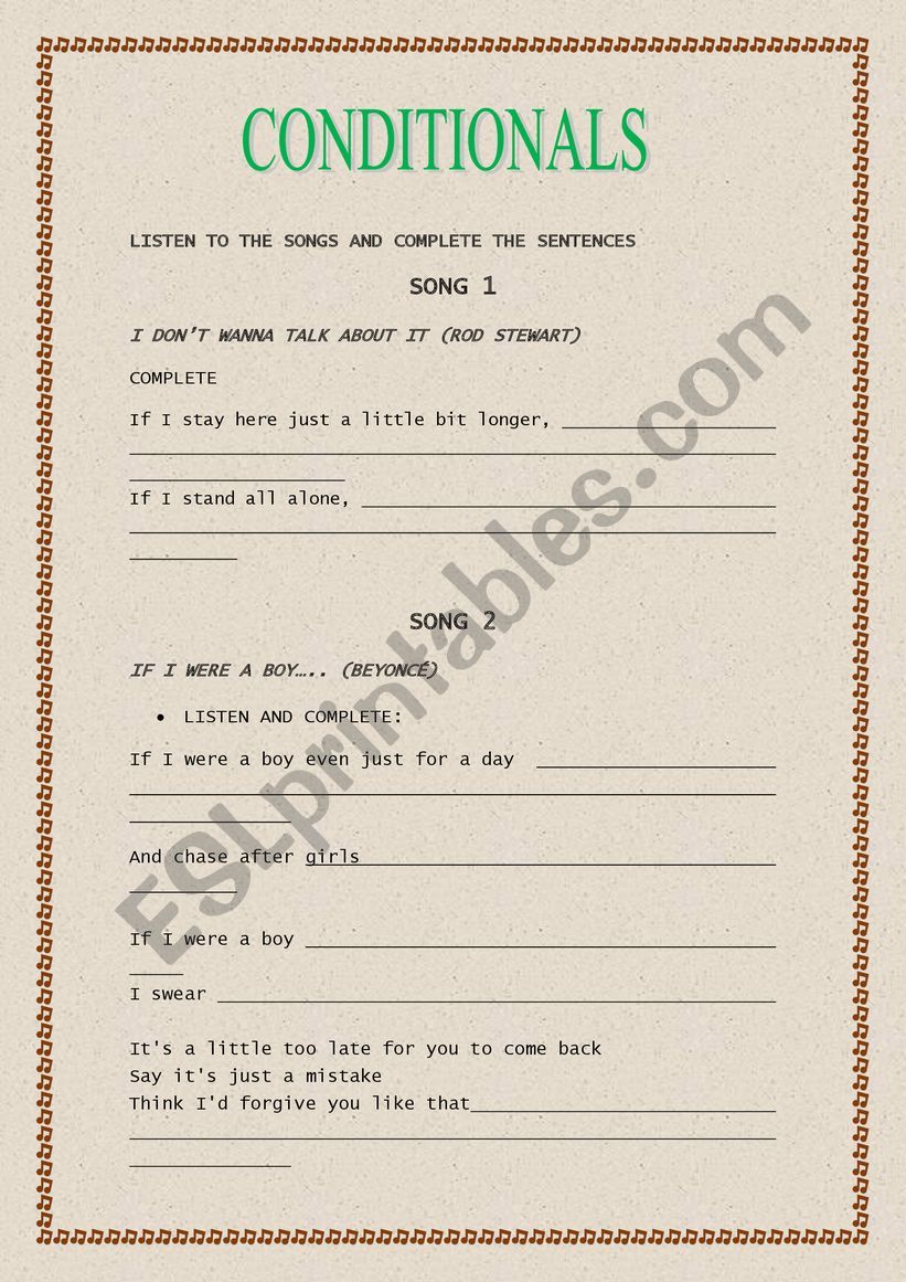 WORKSHEET ON CONDITIONAL SONGS
