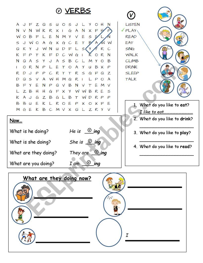 simple verbs present continuous worksheet wordsearch