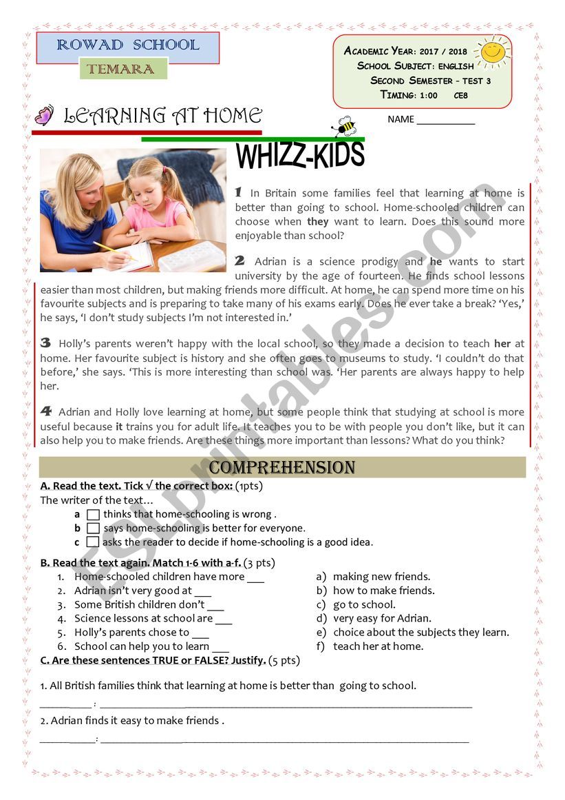 Learning at home worksheet